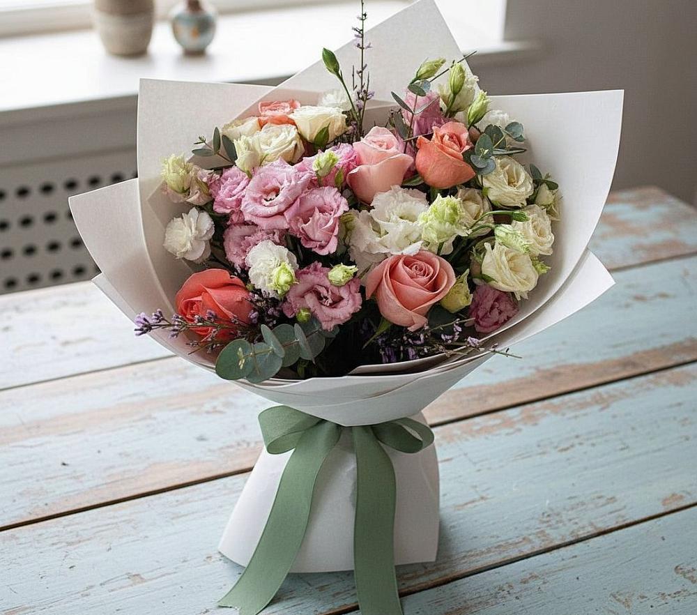 Букет цветов из: Розы, Лизиантусы и Гвоздики в Доргелях