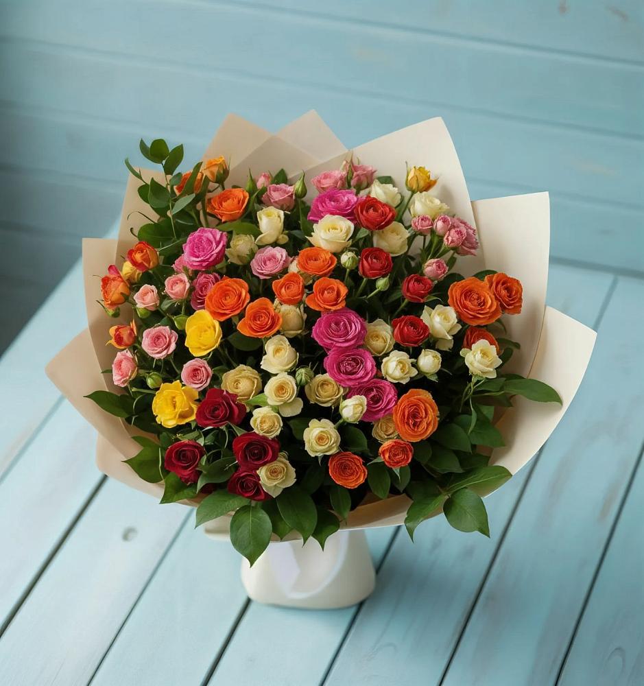 Букет Микс из разноцветных кустовых роз в Доргелях