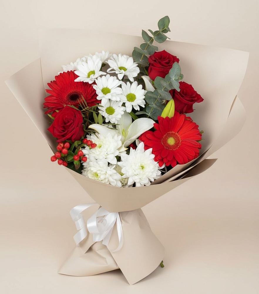 Букет цветов из: Розы, Хризантемы, Герберы и Лилии в Доргелях