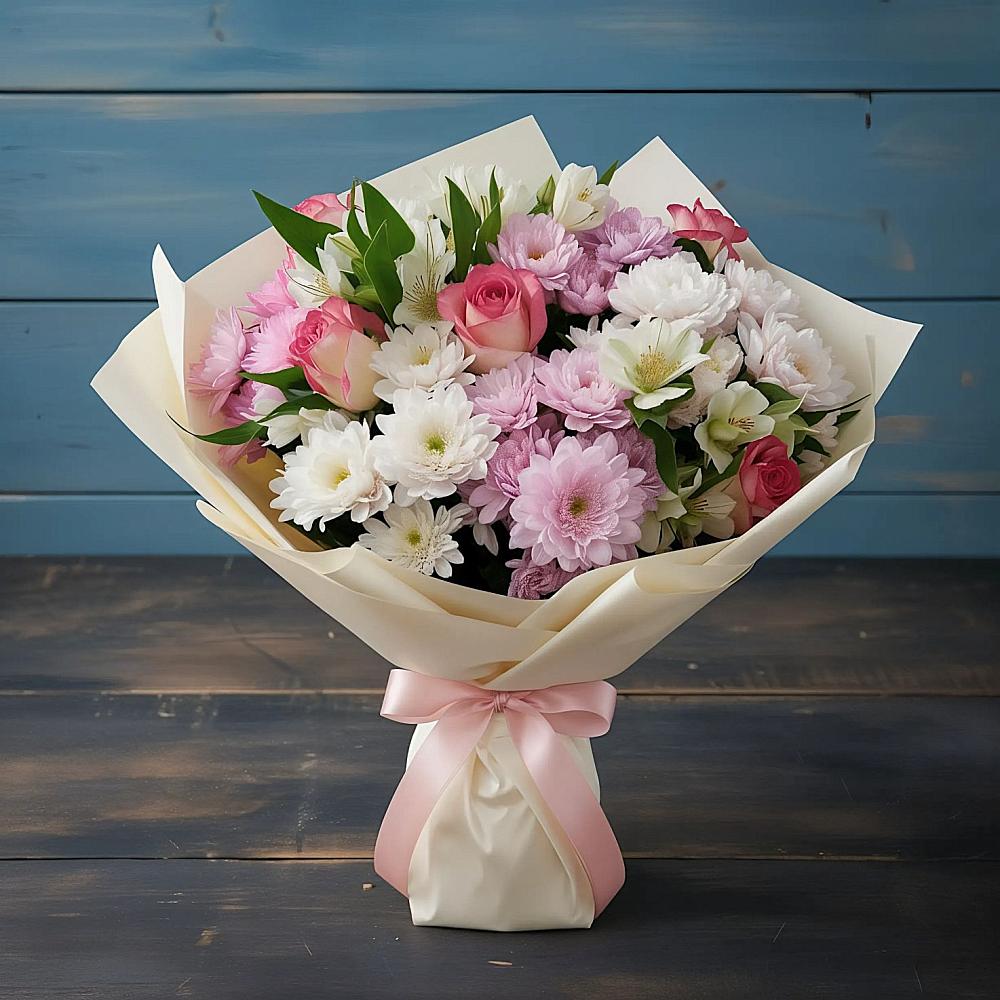 Букет цветов из: Хризантемы, Альстромерии и Розы в Доргелях